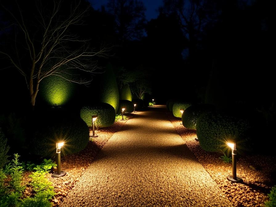 Allée de jardin éclairée la nuit par des bornes basses