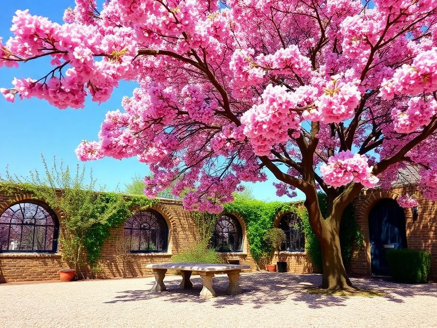 Arbre de Judée en fleurs au-dessus d'une cour de gravier