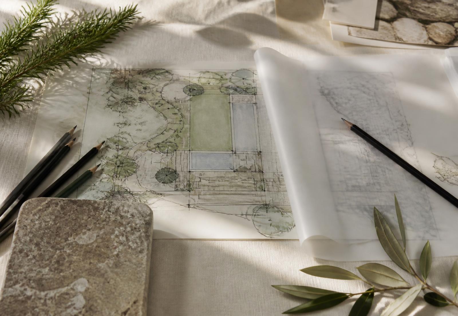Plan de conception paysagère et échantillons de matières sur la table de l'atelier