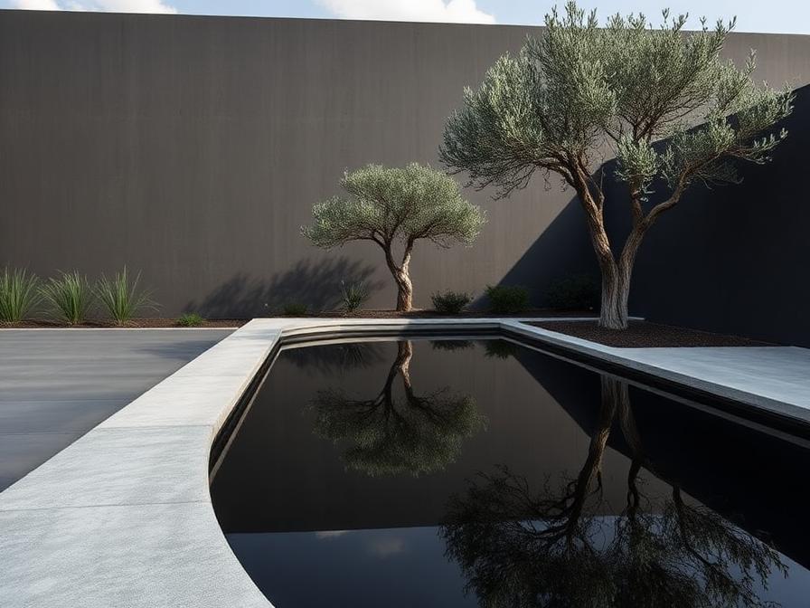 Bassin miroir sombre reflétant un olivier