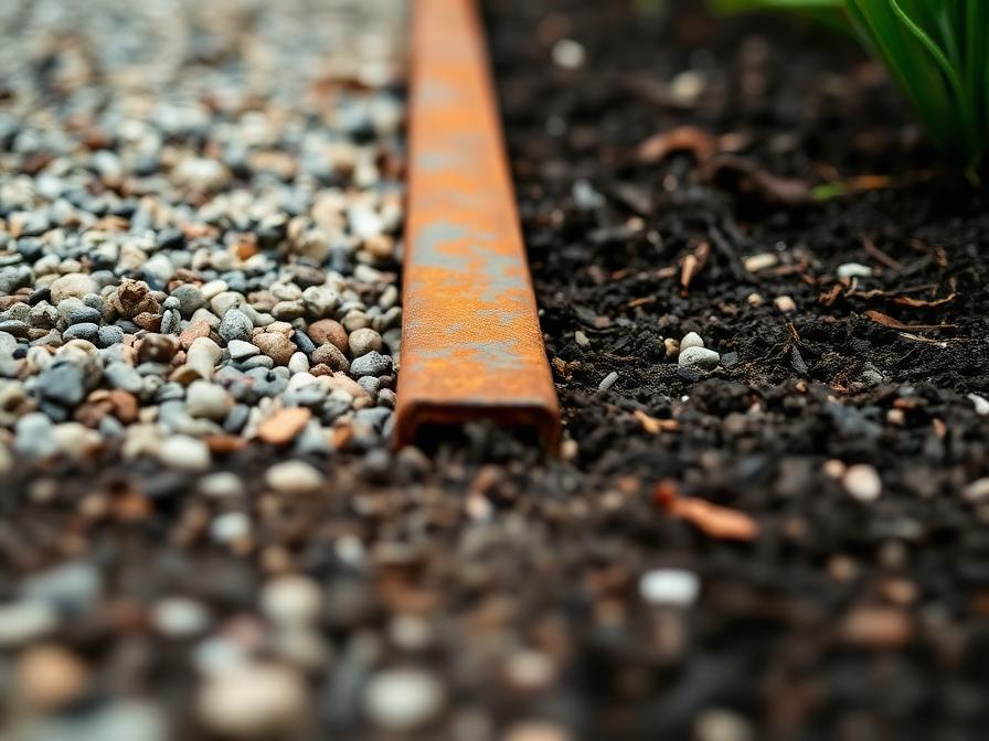 Détail de bordure en acier corten entre gravier et terre