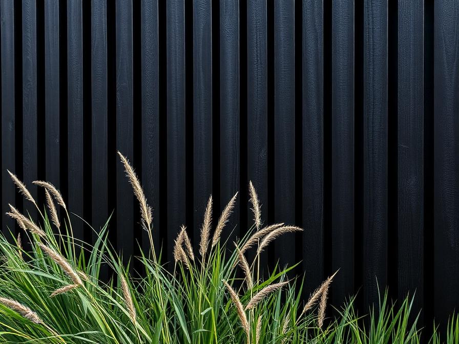 Clôture en bois brûlé noir devant des graminées