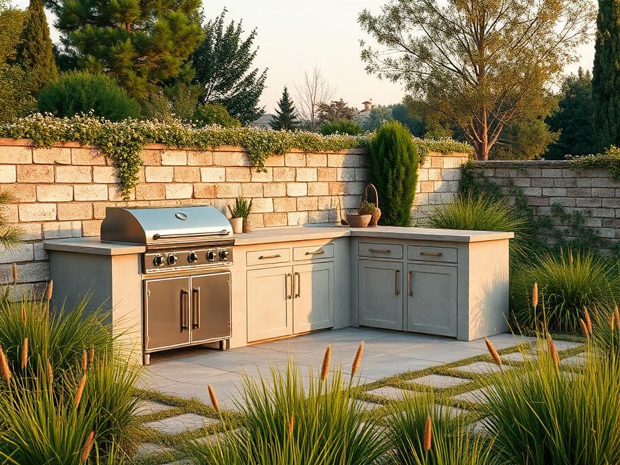 Cuisine extérieure en béton et pierre dans un jardin