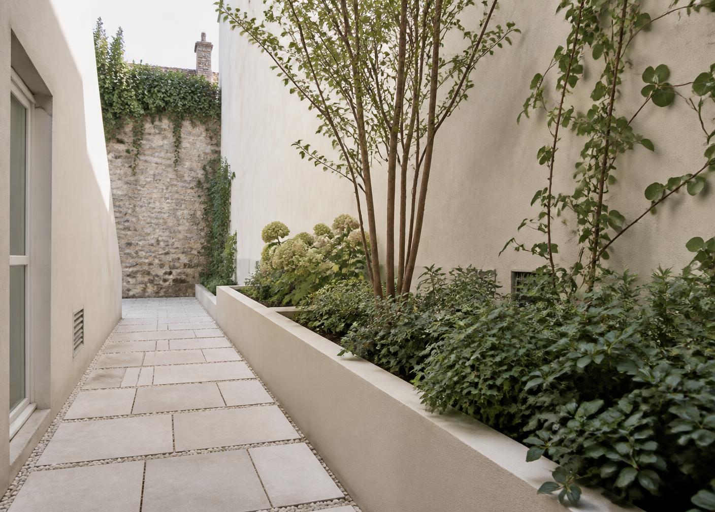Jardinière maçonnée et sol clair d'un patio