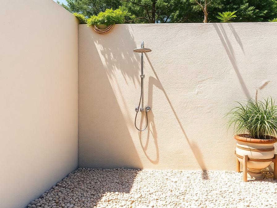 Douche extérieure minimale contre un mur clair