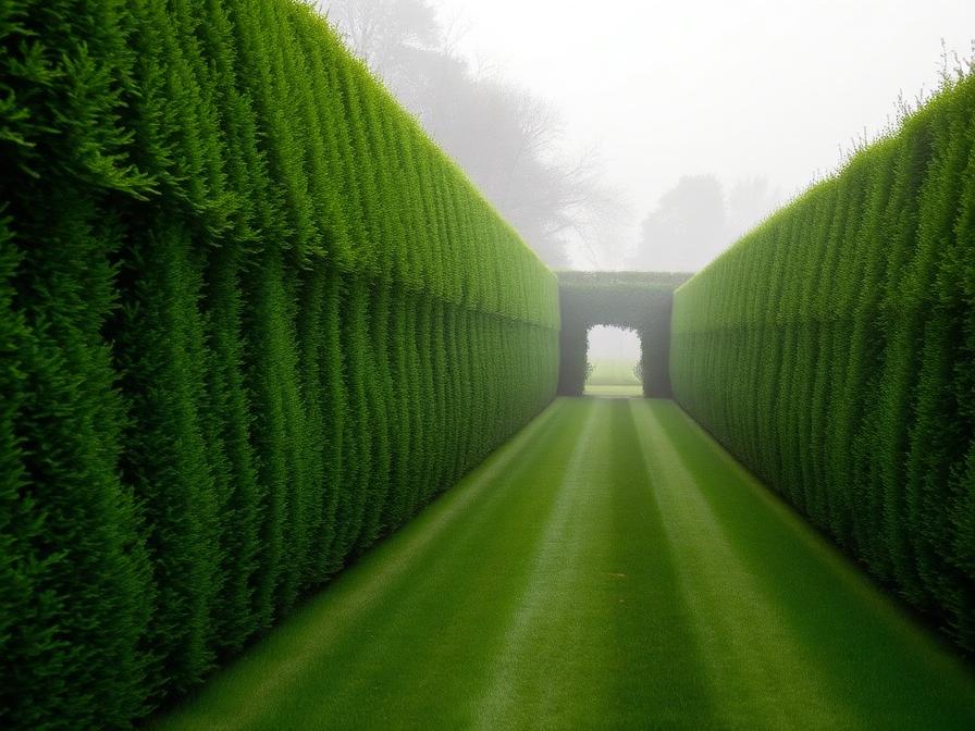 Couloir de charmille taillée dans la brume