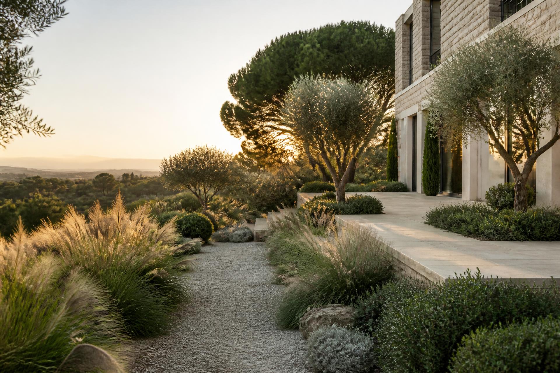 Grand jardin contemporain en fin de journée