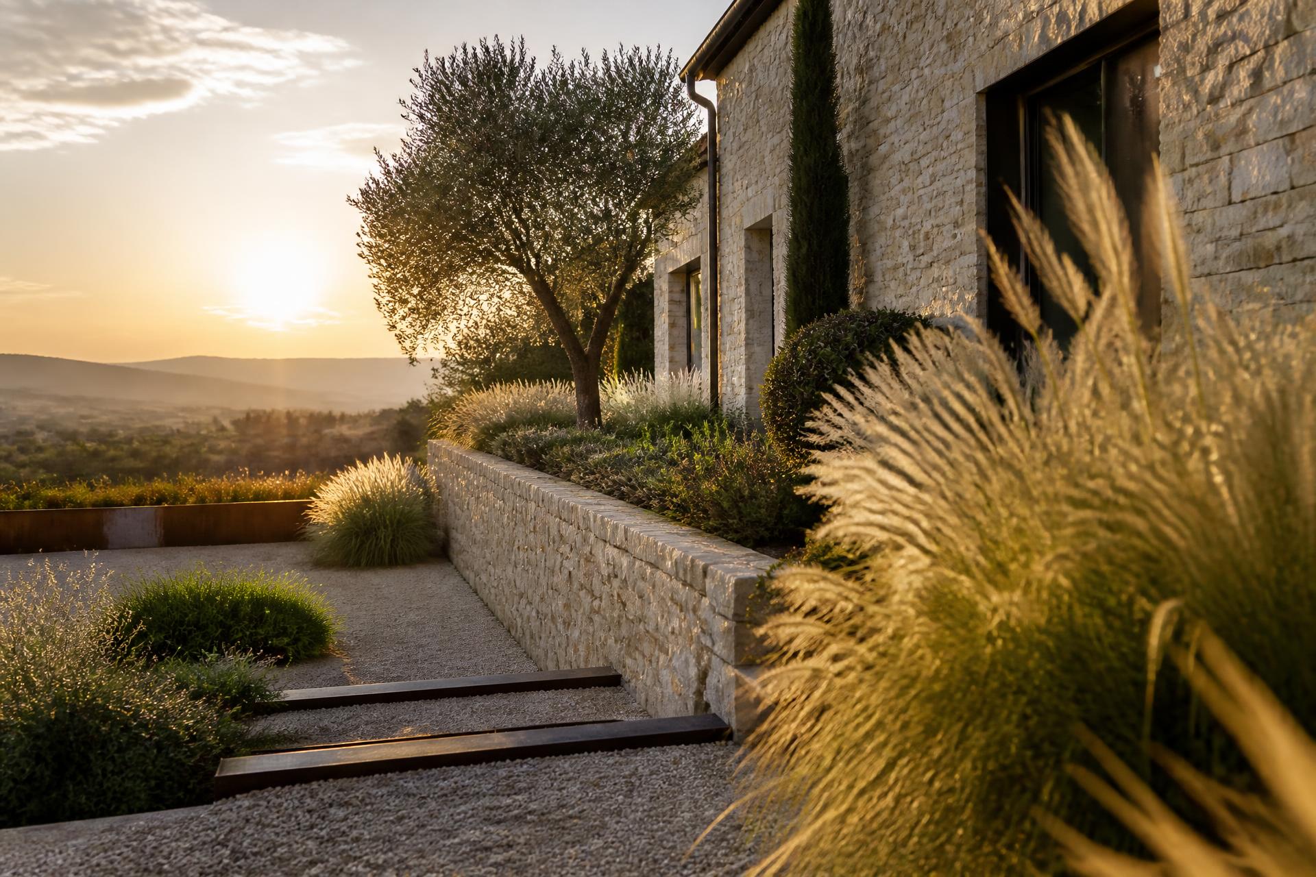 Jardin contemporain drômois au crépuscule