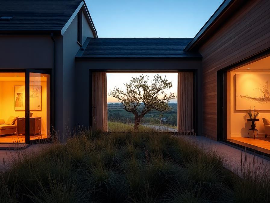 Maison contemporaine ouverte sur un jardin de graminées au crépuscule