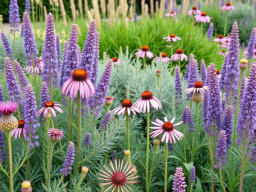 Massif de vivaces mauves et argentées en fin d'été