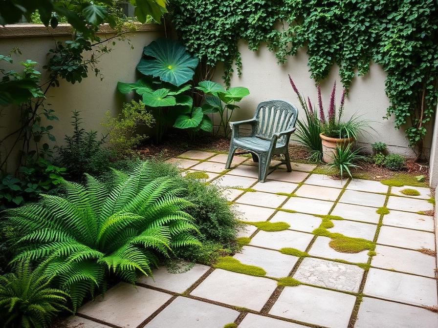 Patio ombragé planté de fougères et de mousses
