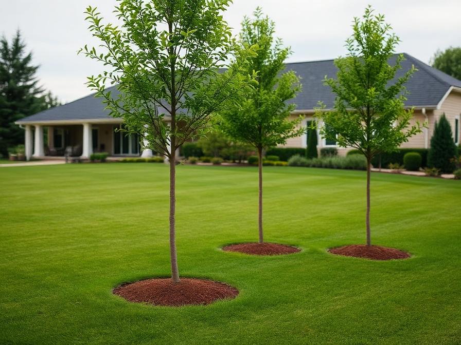 Pelouse avec trois arbres de haute tige récemment plantés
