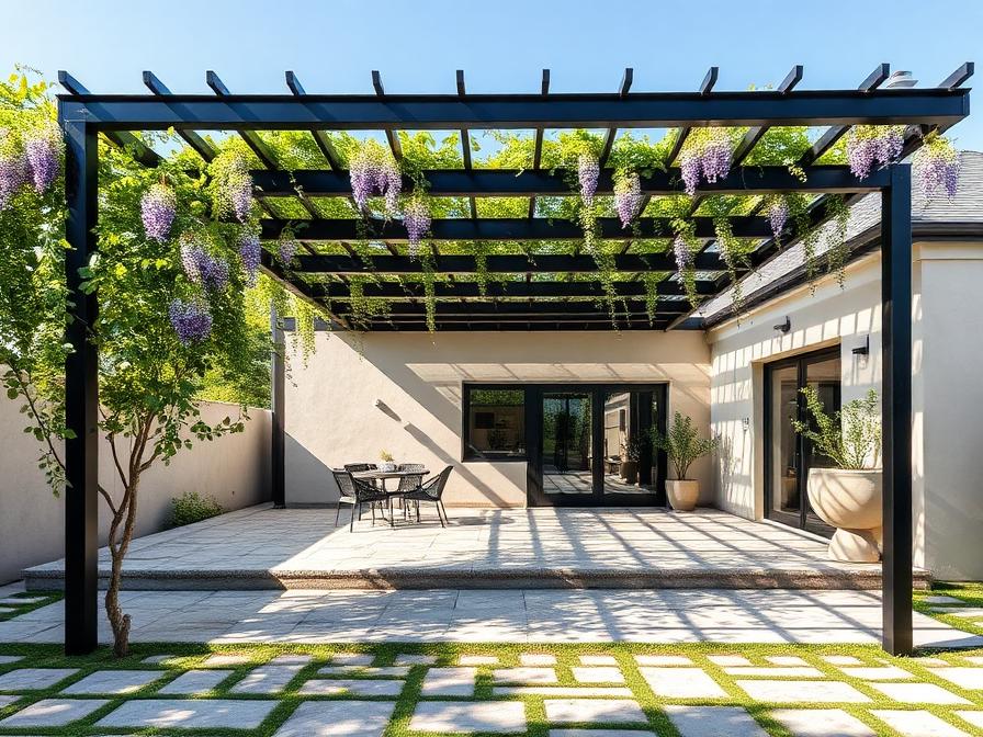 Pergola en acier noir couverte de glycine