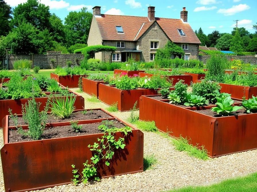 Potager en carrés surélevés en acier corten