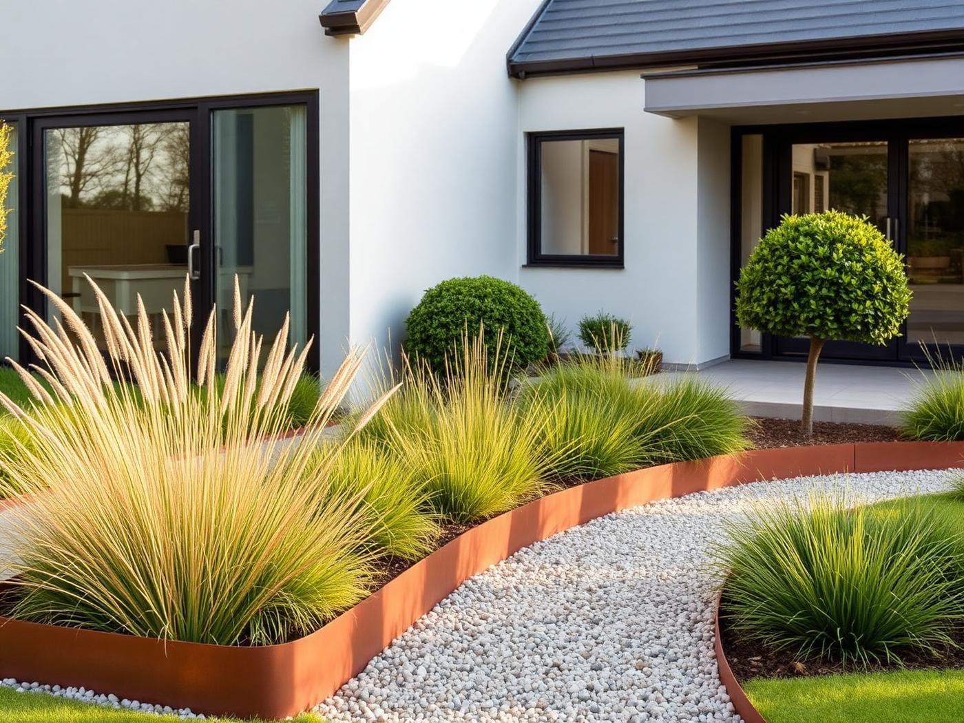 Jardin d'entrée contemporain avec bordures acier et graminées