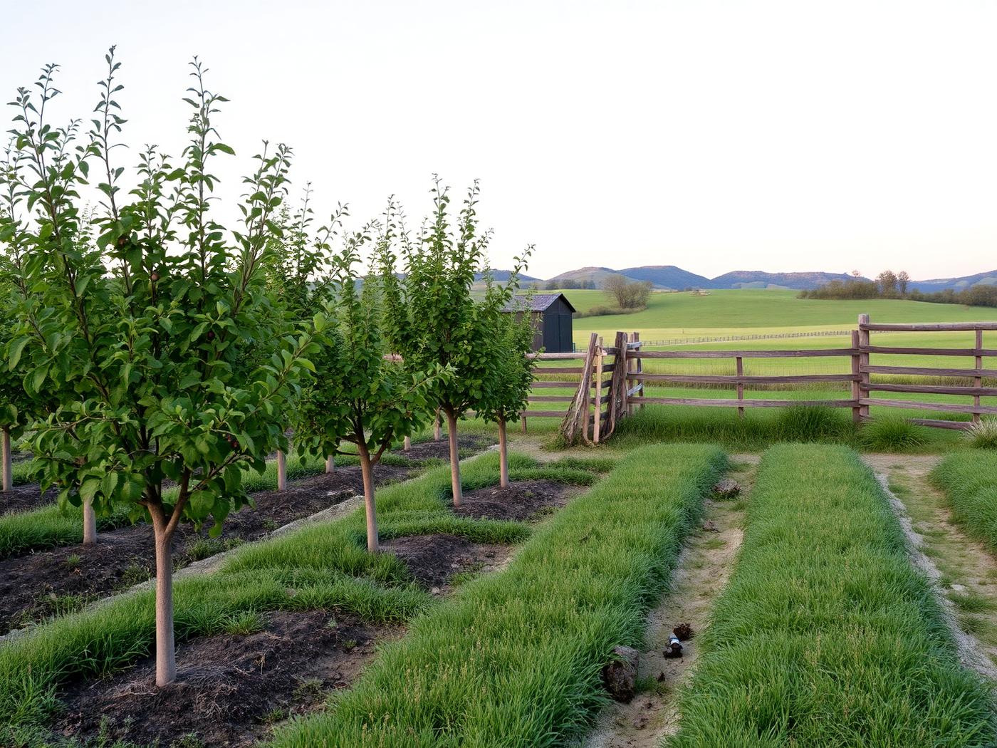 Jardin de campagne avec verger et prairie fauchée