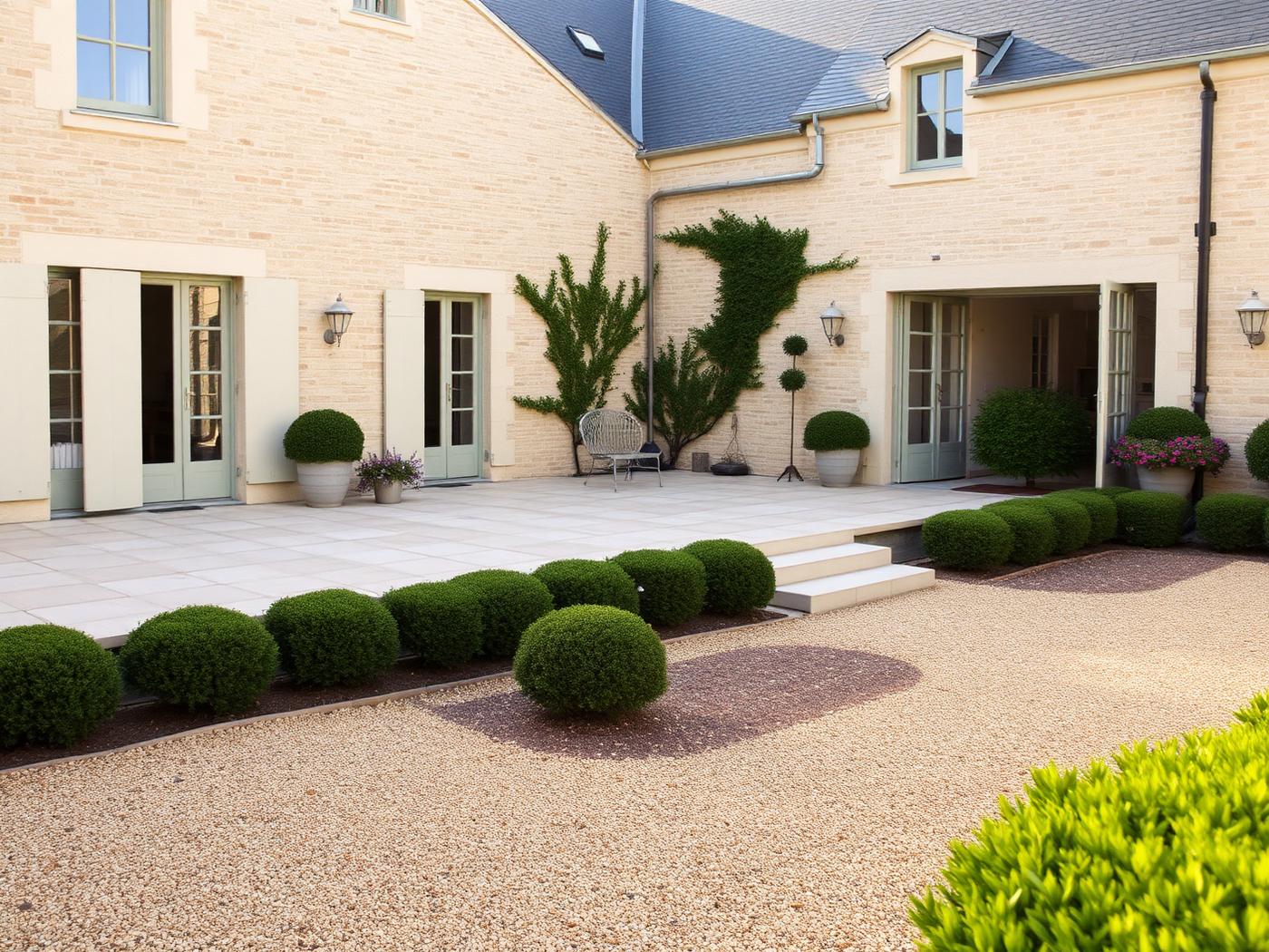 Abords rénovés d'une maison en pierre avec terrasse calcaire