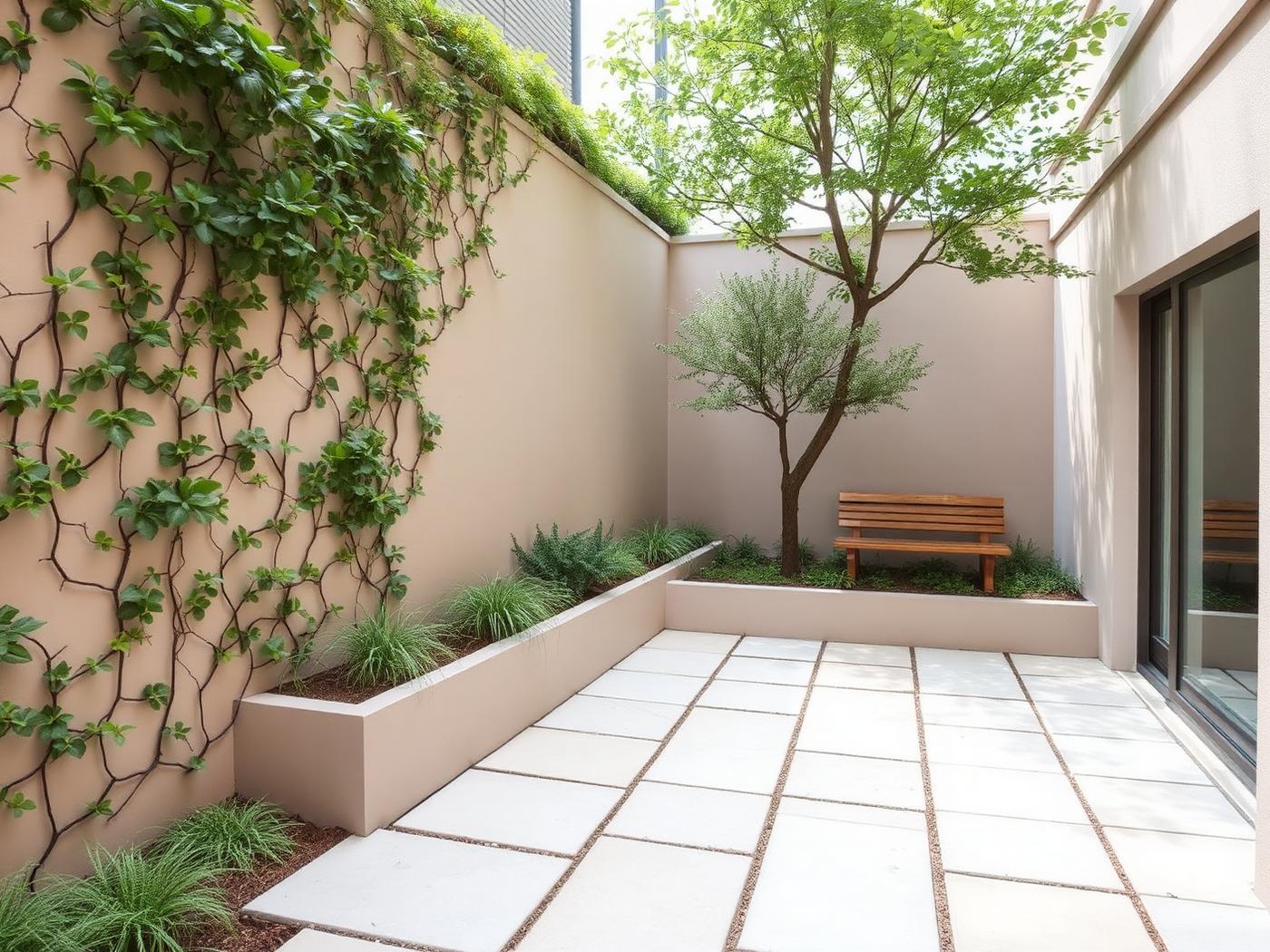 Patio urbain contemporain avec jardinière maçonnée