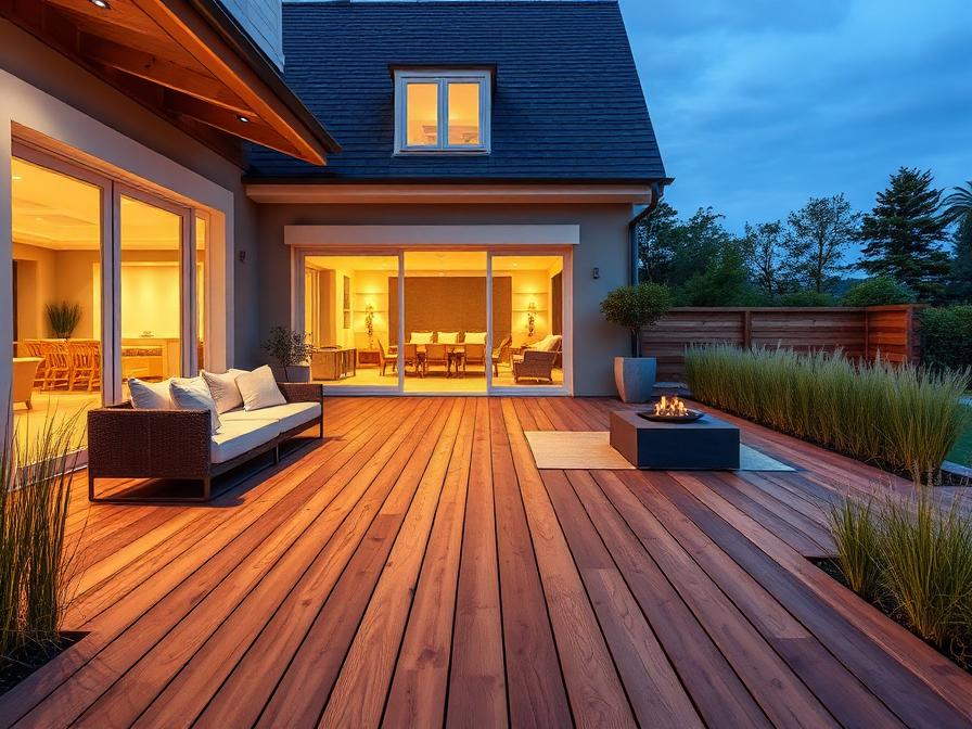 Terrasse en bois exotique éclairée à la tombée du jour