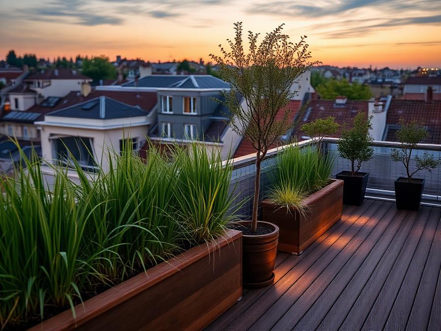 Toit-terrasse végétalisé au coucher du soleil