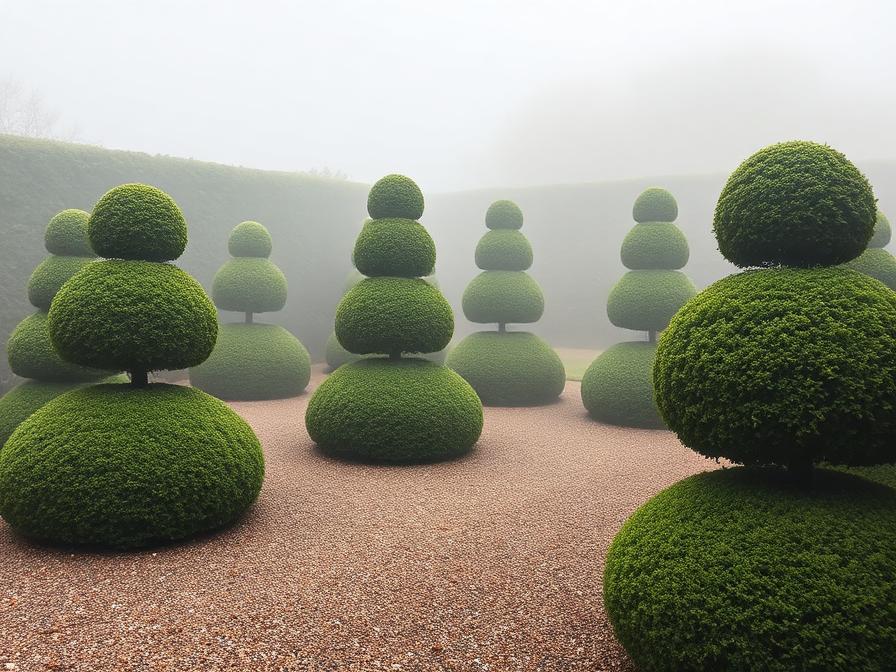 Topiaires nuageuses dans la brume matinale
